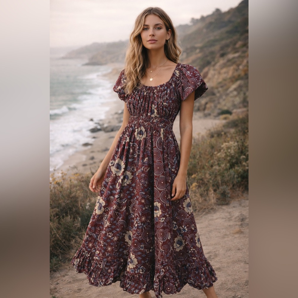 Ulla Johnson Floral Cotton Peasant Midi Dress Burgundy Size 0 Boho Prairie - Picture 7 of 7